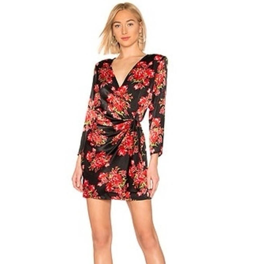 LPA Italina Dress in Holiday Floral Red Black Long Sleeve Wrap Womens M